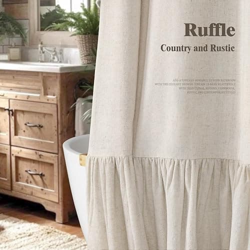XOGUIBO Farmhouse Shower Curtain with Ruffle Hem Linen Flax Ivory White Shower Curtains for Bathroom Country Vintage Rustic Natural Fabric, 72" W x 72" L thumbnail 4