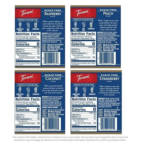 Torani Sugar Free Flavored Drink Syrup Soda Flavors Variety Pack, Raspberry, Coconut, Strawberry & Peach, 25.4 fl oz, (Set of 4) thumbnail 2
