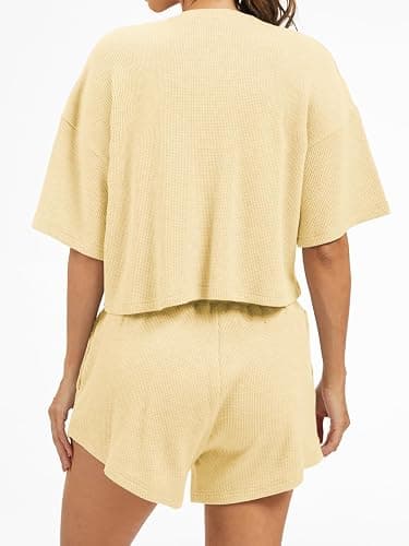 AnotherChill Women's Cropped Waffle Knit Lounge Set – Short Sleeve Henley Top and High Waisted Shorts 2 Piece Casual Outfit thumbnail 4