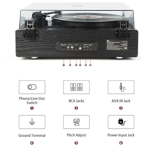 1 BY ONE High Fidelity All-in-One Record Player, Vinyl Turntable | Built-in Speakers, Magnetic AT-3600L Cartridge, RCA Output, Belt Drive, Bluetooth Input, Auto Stop, Phono Preamp,Black Walnut thumbnail 7
