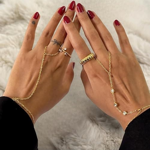 3PCS 14K Gold-Plated Hand Chain Bracelets for Women, Stack Bracelets Set Adjustable, Trendy Dainty Ring Bracelet Hand Chain thumbnail 7