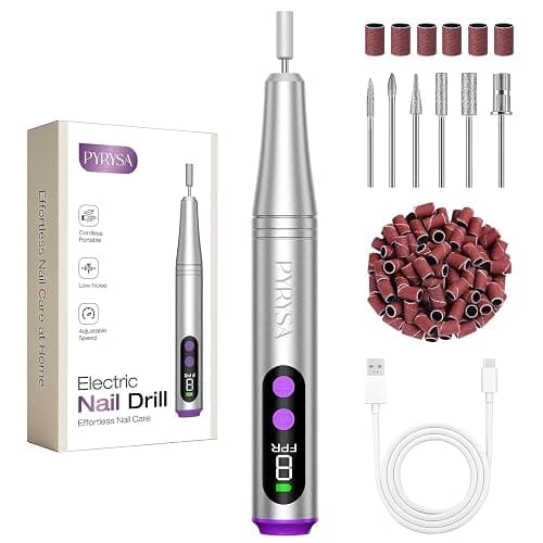 PYRYSA Cordless Electric Nail Drill, 9 Speed Professional E Filer for Nails | LED Display Nail Drill Machine for Acrylic & Gel, Rechargeable Portable Manicure Pedicure Kit for Beginner Home Salon, Silver - Image 1