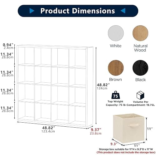 Jpiziso 16-Cube Storage Organizer Bookcase, Thick Frame Wood Grain Storage Shelf, Rectangular Cube Open Back Display Unit, 48.8x9.4x48.8 Inches for Living Room, Bedroom, Home Office, Natural Wood thumbnail 2