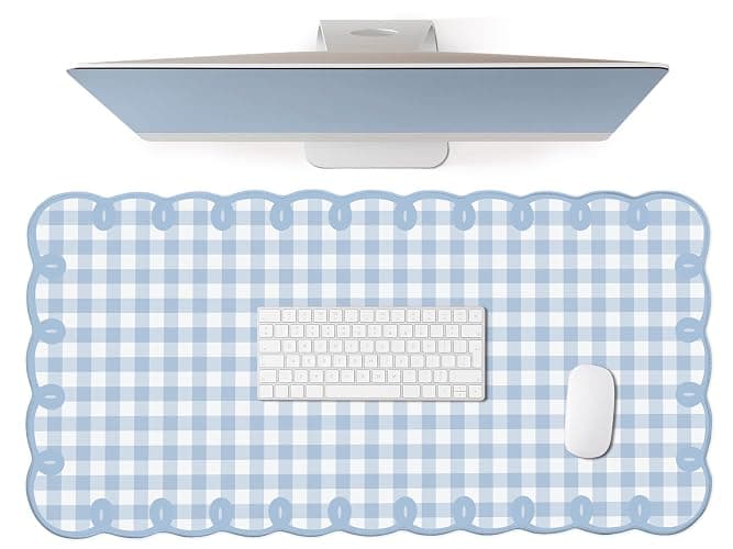 Cute Blue Scalloped Desk Mat Gingham Checkered Large Mouse Pad Kawaii Vintage Farmhouse-Inspired Cottagecore Office Desk Decor Stitched Nonslip Pad for Computer Keyboard & Mouse 31 * 15.7in - Image 1