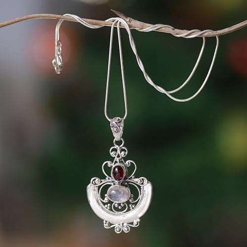 NOVICA Artisan Handcrafted Rainbow Moonstone & Garnet Teardrop Pendants | .925 Sterling Silver Birthstone Necklace | Handmade thumbnail 6