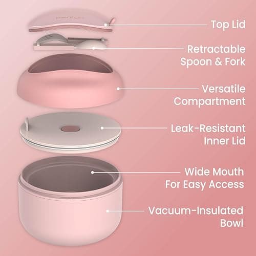 Bentgo Bowl - Insulated Leak-Resistant Bowl with Snack Compartment, Collapsible Utensils and Improved Easy-Grip Design for On-the-Go - Holds Soup, Rice, Cereal & More - BPA-Free, 21.2 oz (Blush) thumbnail 8