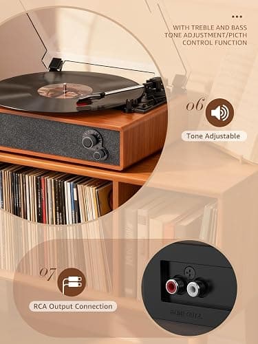 Vinyl Record Player Built-in Stereo Speakers Vintage Turntable Vinyl Records LP Phonograph Belt Drive 3 Speed 3 Size Support Wireless Input RCA Output Auto Stop Tone Adjustment Retro Wooden Walnut Red thumbnail 6