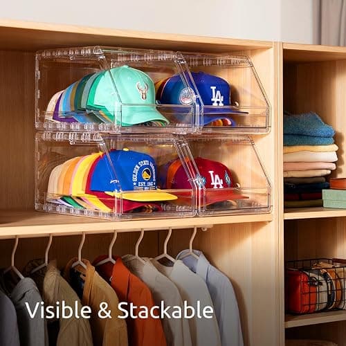 Ozueccr Hat Organizer Box – Stackable Clear Display Box with Sliding Drawer, Holds 15 Baseball Caps, Closet and Shelf Organizer for Hats, Transparent Display with Anti-Slip Feet thumbnail 2