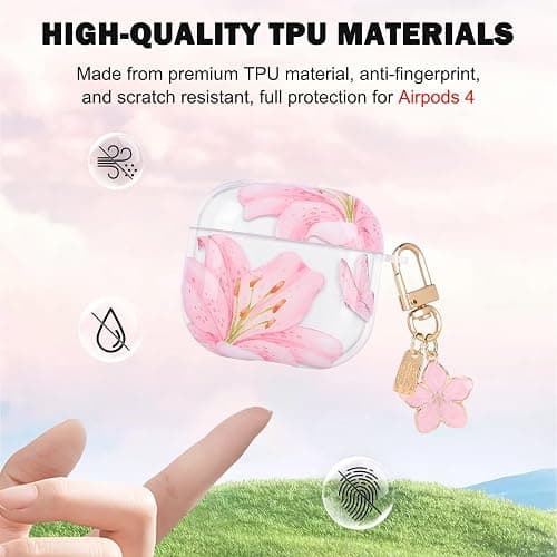 CameCosy Transparent Case Compatible for Airpods 4 Generation 2024 with Flower Pendant, Cute Cover with Pink Lily Flower Pattern for Girls, Protective Case in Shockproof Anti-Scratches Anti-Slip TPU thumbnail 4