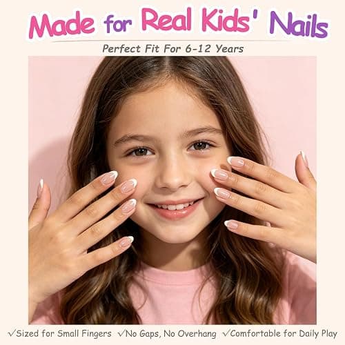 120Pcs White French Tip Press On Nails for Kids, 5 Pack Nude Press On Nails | Almond Full Cover False Nail for Kids, 12 Size, Non-Toxic, Fashion Nail Kit with Adhesive Tabs, Nail File, for Every Outfit thumbnail 2