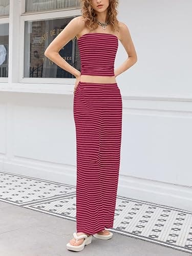 Tankaneo Womens Striped 2 Piece Set Summer Tube Tops Pants Matching Sets | Strapless Crop Tube,Elastic Waist Wide Leg Pants,Lounge Sets,Sleeveless Tank,Slim Fit,Vacation Beach Outfits,Cute,Y2k thumbnail 4