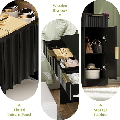 Cyclysio Fluted Vanity Desk with Mirror and Lights, Wood Makeup Vanity Desk with Power Strips, Modern Dressing Table with Drawers & Cabinet for Bedroom, Black thumbnail 8