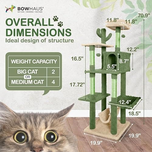 CAPHAUS Cactus Cat Tree for Indoor Cats, Cute 70-Inch Cat Climbing Play Tower with Top Perch for Large Cats Kittens, Multi-Level Cat Activity Tree with Scratching Posts, Hammock, Cat Cave Condo thumbnail 2