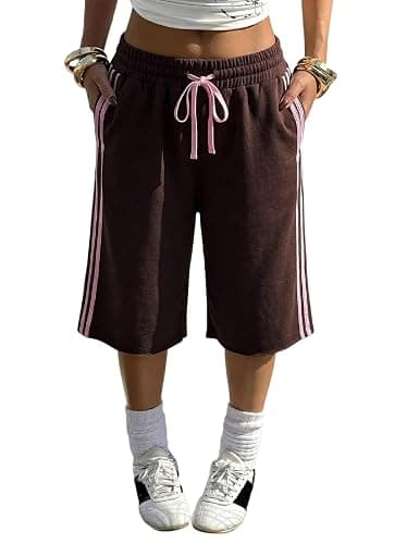 Faretumiya Women Baggy Capri Sweatpants Side Stripe Bermuda Shorts | Y2k Camouflage Knee Length Shorts Striped Drawstring Waist Wide Leg Long Sweat Shorts Athletic Lounge Streetwear - Image 1