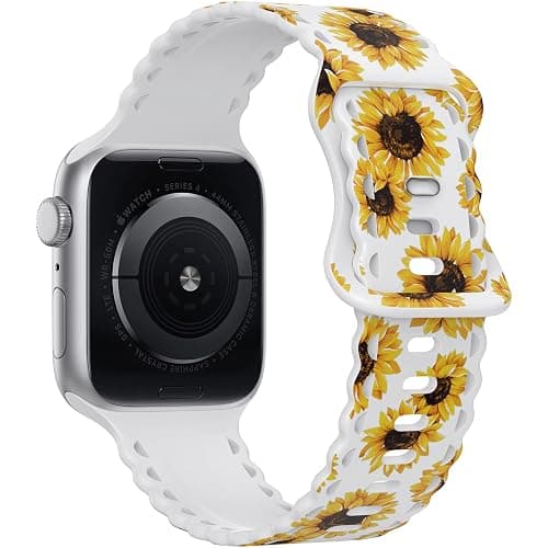 UpfurMach Compatible with Apple Watch Band 41mm 40mm 38mm 49mm 45mm 44mm 42mm Women Girl, Sunflower Print Lace Hollow-out Soft Silicone Sport Bands For iWatch Ultra SE Series 9 8 7 6 5 4 3 2, thumbnail 2