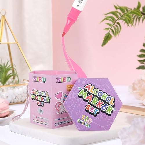 XIEED [2025 Upgraded Alcohol Markers, 120 Colors Premium Hexagonal Markers Set Gift Box for Kids, Students, Adults, Artists in Coloring & Drawing(Fine &Broad) thumbnail 4
