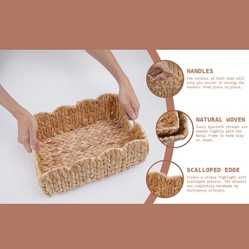 LUSYDECO Set of 2 Scalloped Edge Wicker Storage Basket with Built-in Handles, Rectangle Water Hyacinth Basket for Organizing, Decorative Woven Rattan Basket for Shelf, Nursery Room thumbnail 6