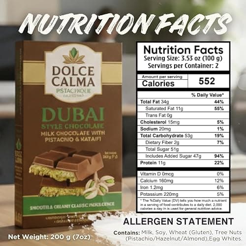 Dolce Calma Dubai Chocolate Bar Milk (200g / 7oz) – Viral Authentic Handmade Belgian Chocolate with Turkish Pistachio & Crispy Kataifi, Premium Quality Candy, Luxury Cream Kunafa Filling, No Palm Oil thumbnail 2