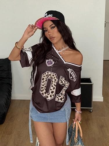 SOLY HUX Women's Y2k Leopard Number Graphic Oversized Tops Football Jersey Shirts Streetwear thumbnail 4