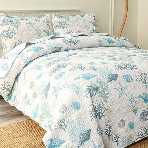 Oliven Reversible Coastal Beach Theme Quilt Set Queen/Full Size Ocean Coral Bedding Seaweed Bedspread Ocean Life Blue Green White Shell Starfish Coverlet Summer Lightweight Beach Daybed Sets thumbnail 3