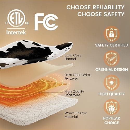 blunique Heated Blanket Electric Blanket, Cow Print Heating Blanket Throw with 10 Heat Levels & 10 Hrs Auto Off ETL Certified, Cozy Soft Fleece Sherpa Heated Throw Blanket, 50''x 60'' Cow Print White thumbnail 5