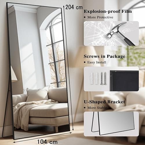 LunaMirror Oversized Huge Full Length Mirrors Large Free Standing Floor Mirror Full Body Wall Mirror for Bedroom Living Room and Entrance, Rectangle Black Frame, 204x104 CM thumbnail 2