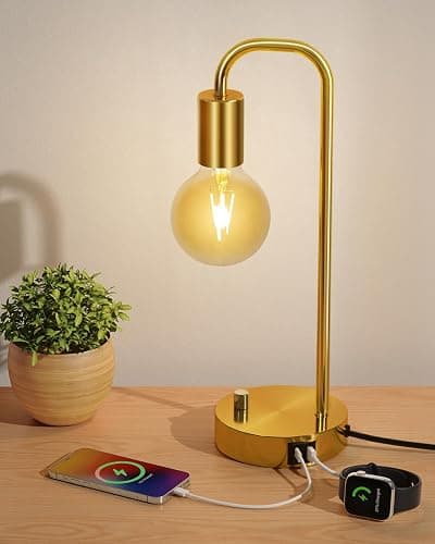 ONEWISH Industrial Table Lamp with 2 USB Port, Stepless Dimmable Nightstand Bedside Lamps for Bedroom,Desk Lamps with 2700K Gold Gradient Bulb for Reading Living Room - Image 1