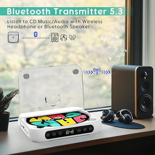 Portable CD Player with Bluetooth, Rechargeable CD Player for Home/Car, Built-in HiFi Speakers, Headphones, LCD Screen, Supports CD/AUX/USB and Repeat Modes, White thumbnail 5