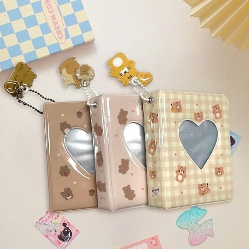 3 Inch Mini Photo Album, Heart Hollow Card Binder Photo Card Holder with Pendant 40 Pockets (beige bear) thumbnail 2