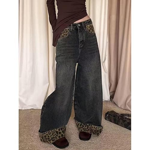 INFENU American Street Style Women's Retro Leopard Print Patchwork Jeans, Spicy Girl Street Loose Hip-hop Wide Leg Pants thumbnail 7