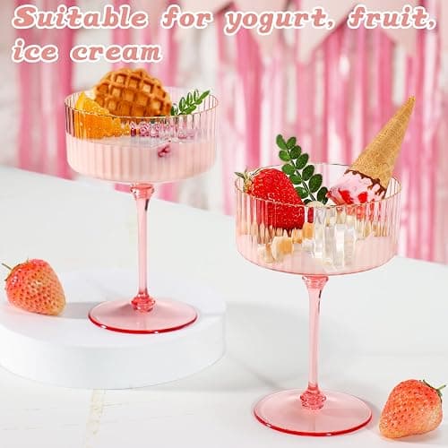 XUWAIDSGN 12 Pcs Champagne Martini Glasses 9 Oz with Gilded Removable Gold Rim Coupe Glasses Pink Martini Glasses Plastic Mimosa Vintage Coupe Glasses Set For Wedding Anniversary (12, Ribbed Pink) thumbnail 4