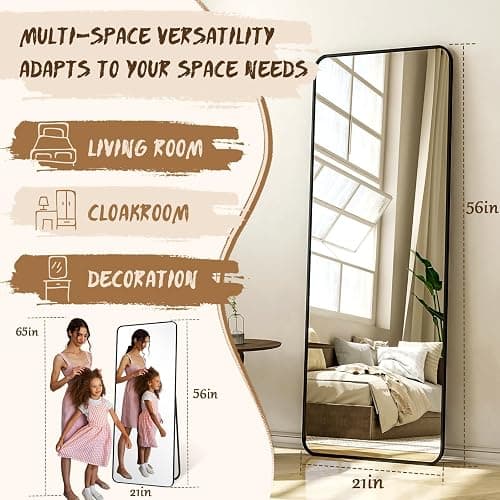 XRAMFY 56"x21" Floor Full Length Mirror Standing Full Body Rounded Corner Rectangle Mirrors with Stand Hanging Wall Mounted Leaning Bedroom Living Room Bedroom Cloakroom,Black thumbnail 2