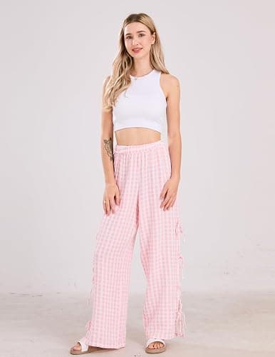 codcm Womens Gingham Striped Wide Leg Pants Y2k Lounge Pants Lace Up Loose Trousers thumbnail 2