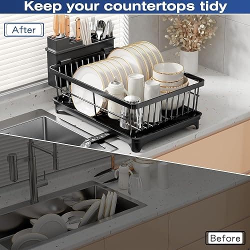 PurKeep Dish Drainer Rack - Space-Saving Dish Rack with Utensil Holder for Kitchen Counter, Large Capacity Dish Drying Rack with Draining Board, Black thumbnail 4