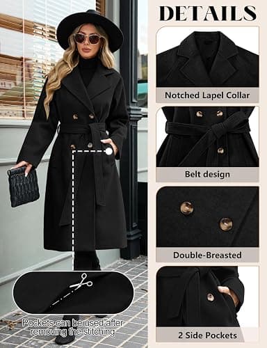 AFFA Women's Double Breasted Trench Coat Elegant Lapel Collar Jacket Winter Fall Slim Long Outerwear with Belt Pockets thumbnail 2