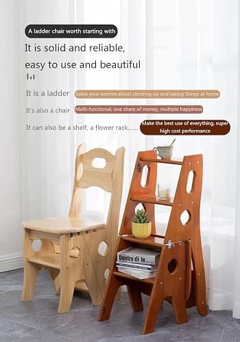Wooden Folding Library Ladder Chair, 4-Storey Portable Multi-Function Step Stool, Indoor and Outdoor Display Rack Flower Rack (Walnut) thumbnail 6