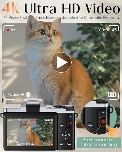 4K Digital Camera for Photography with WiFi,64MP Autofocus Vlogging Camera for YouTube,3'' 180° Flip Screen Compact Travel Camera for Teens with 32GB SD Card,16X Zoom,Anti-Shake,2 Batteries(Black) thumbnail 2