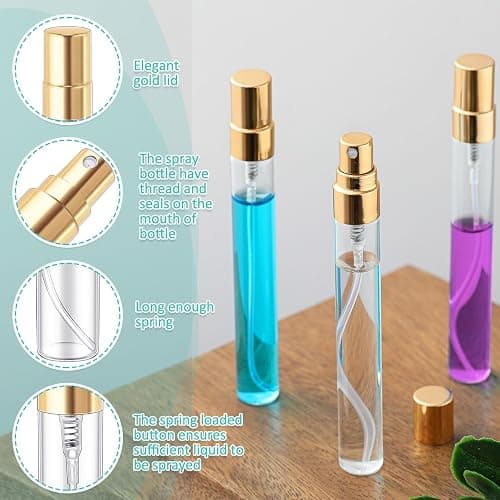 Zhehao 50 Pcs Mini Spray Bottles, Perfume Bottle, Gold Cap, 10 Ml | Clear Glass Bulk Refillable Fine Mist Perfume Atomizer, Portable Empty Sample Containers for Cleaning, Essential Oils, Travel thumbnail 4