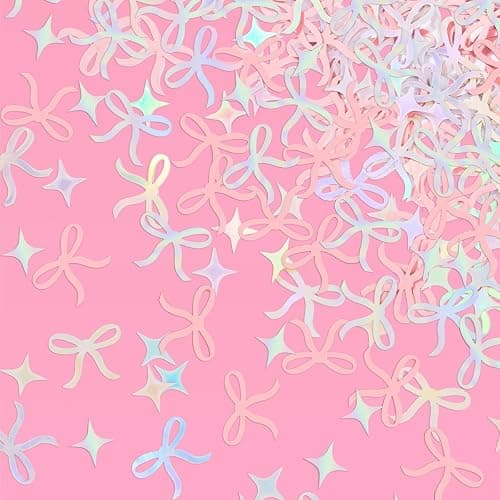 xo, Fetti Bow Confetti - 200 pc | Bachelorette Party Pink and Iridescent, Engagement Party Decoration, Tying the Knot Table Decor, Bride To Be Coquette Ribbon Bridal Shower Supplies - Image 1