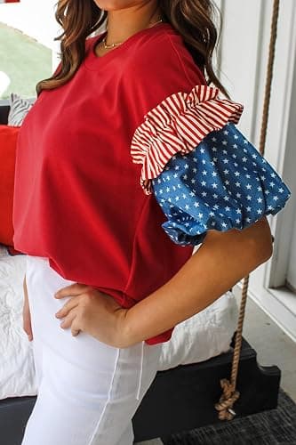 Women's Stars and Stripes Blouses Short Puff Sleeve Round Neck Colorblock Shirts Dressy Casual Tops thumbnail 3