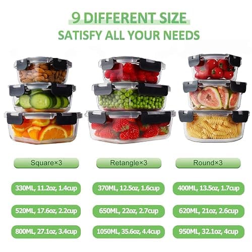 HOMBERKING 18 Piece Glass Food Storage Containers with Lids, Glass Meal Prep Containers, Airtight Lunch Bento Boxes, BPA-Free & Leak Proof, Oven, Freezer and Dishwasher Safe (9 lids & 9 Containers) thumbnail 3