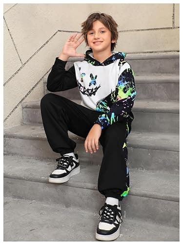 WDIRARA Boy's 2 Piece Outfits Colorful Graphic Print Long Sleeve Hoodie and Sweatpants Set Tracksuit thumbnail 6