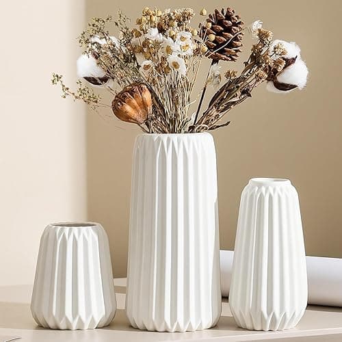 Sawoake Keramik Vasen Set von 3 - Weiße Matte Vasen für Pampasgras, Trockenblumen & Home Decor, Modernes Boho und Skandinavisches Design mit Natürlicher Textur（Wohnzimmer, Esszimmer, Hochzeitstisch）