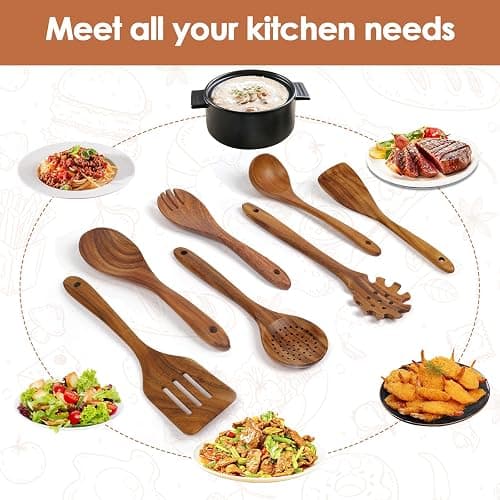 comfoyar Teck Ustensiles de Cuisine Bois, Set de 7 Cuillère en Bois pour la Cuisson avec Spatula et Ladle, Résistance à la chaleur Convient pour Poêles Antiadhésives thumbnail 5