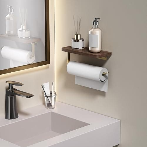 Danpoo Brushed Gold Paper Towel Holder Wall Mount, with Natural Walnut Shelf – Elegant Kitchen & Bathroom Organizer thumbnail 2