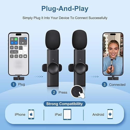 2 Pack Wireless Lavalier Microphone for iPhone iPad Android, Plug & Play Lapel Mic with Noise Reduction, Professional Mini Mic for Video Recording, YouTube TikTok Vlog Podcast Interview Livestream thumbnail 4