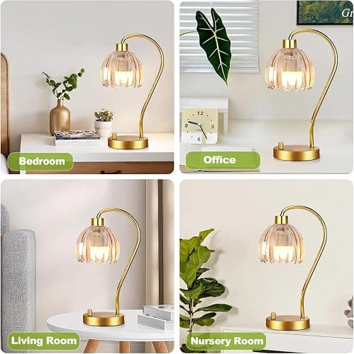 ILLMTW Small Table Lamp Set of 2,Gold Bedside Lamps Dimmable Boho Bedroom Lamp with Glass Tulip Flower Amber Lamp Shade,Vintage Mid Century Modern Mini Nightstand Lamp for Bedroom Living Room thumbnail 6