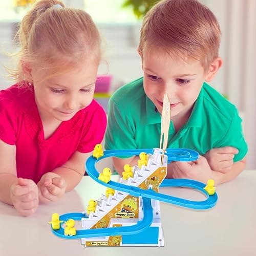 Zuimei 9Pcs Electric Duck Climbing Stairs Racer Track With LED Flashing Lights and Music, Slide Rollercoaster Set for Kids Boys Girls, Yellow thumbnail 2