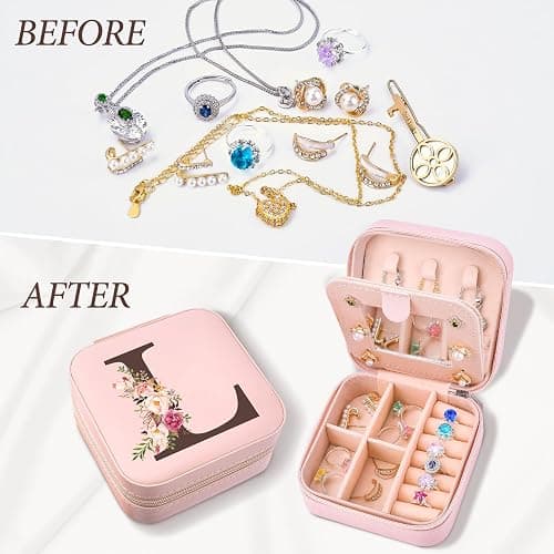 Preppy Travel Jewelry Gifts for Teen Girls, Travel Jewelry Box Personalized Christmas Gifts Stocking Stuffers for Women, Fashion Travel Essentials Trendy Stuff Easter Basket Stuffers, Initial L thumbnail 6