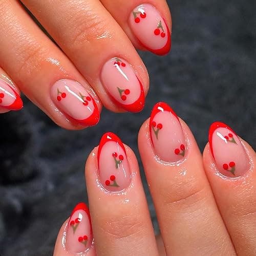 ROFIBUT Red French Tip Press on Nails Almond Short Fake Nails Cute Nude Pink Full Cover Glue on Nails with Red Cherry Glossy Artificial Stick on Nails Reusable Acrylic False Nail for Women Girls 24Pcs - Image 1
